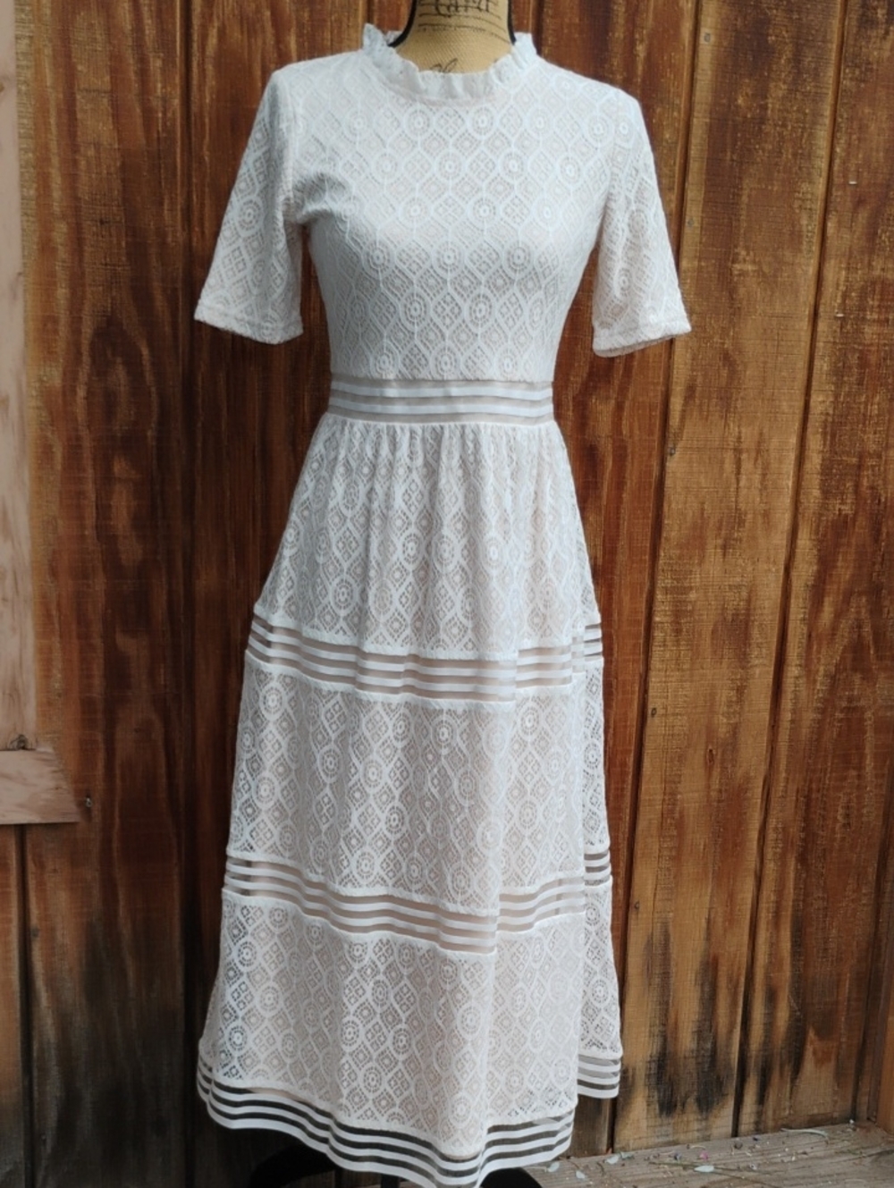 Polagram White Lace Maxi Dress with Sheer Banding